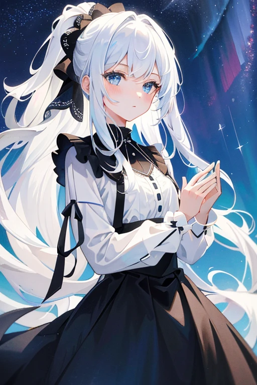 ((Masterpiece:1.2, Best quality)), 1girll, Solo, white hair, Long hair, dress, aurora, Night, Star (sky), mitts, sky,black dress, Night days