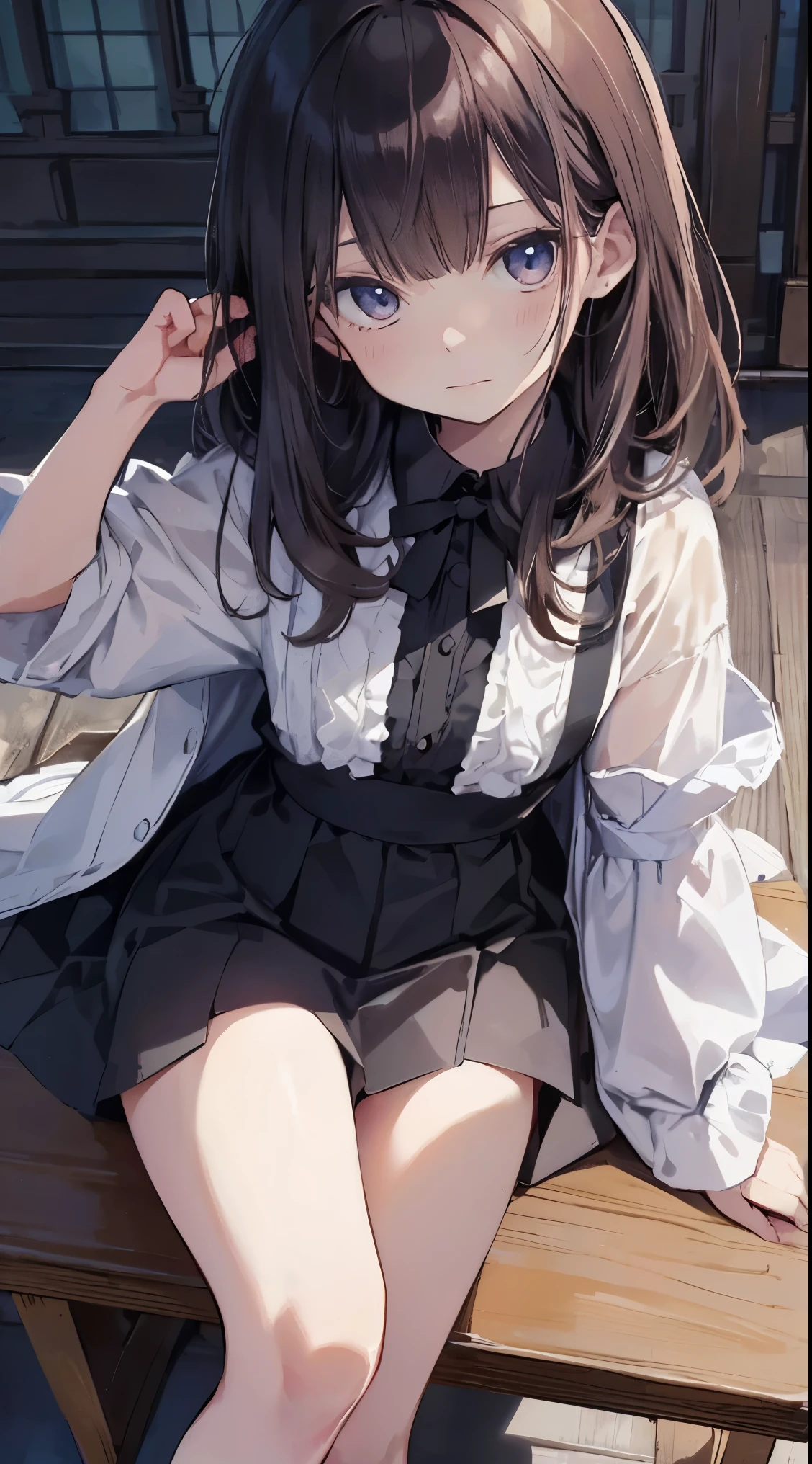 Masterpiece、Highest quality、highest quality、(((Lori)))、 ((((Petite))))、Shiny hair quality、Small face、Sitting、Super detailed, beautiful, wide eyes、Ultra-detailed, clear and beautiful faces、(cute illustration:1.2), High-resolution, ultra-detailed, best quality, embarrassed