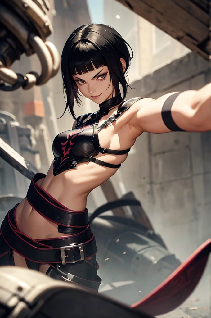 mulher jovem,short black hair , badass , full ancient armor,coxas torneadas,Evil Smile