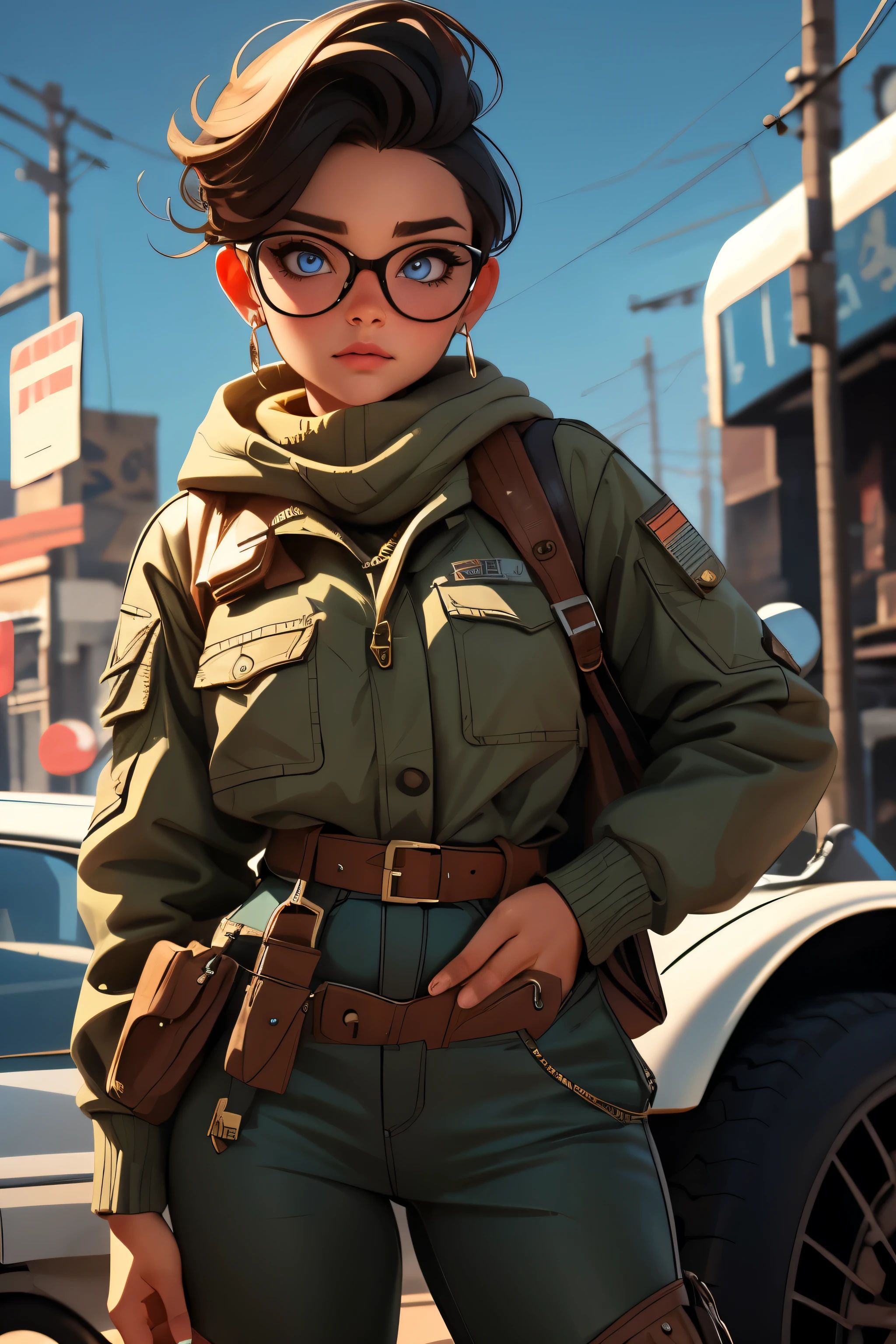 a pretty girl messenger, wearing large glasses, undercut hair, wearing postal uniform, in a post-apocalyptic world