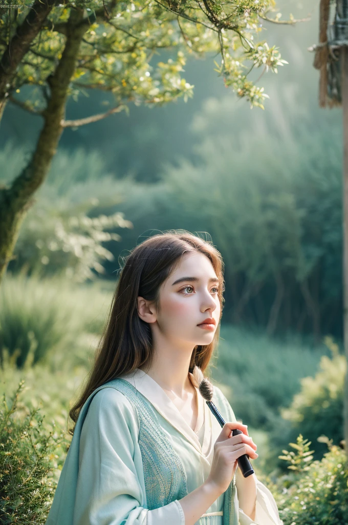 ( masterpiece, top quality, best quality,8k,17 years old girl,ultra detailed,raw photo:1.5),(photorealistic:1.4), (cinematic lighting), PerfectNwsjMajic, , Surrealism, UHD, ccurate, Super detail, textured skin, High detail, Best quality, dynamic angle, White skin,[Beautiful blue eyes], high nose,[flat chest:large breasts:0.5],(1girl),((good anatomy:0.5)), Dreamy atmosphere,expressive brush strokes, mystical ambiance, Artistic interpretation, Stunning Studio Ghibli style costumes, a whimsical illustration, Subtle colors and tones, mystical aura,