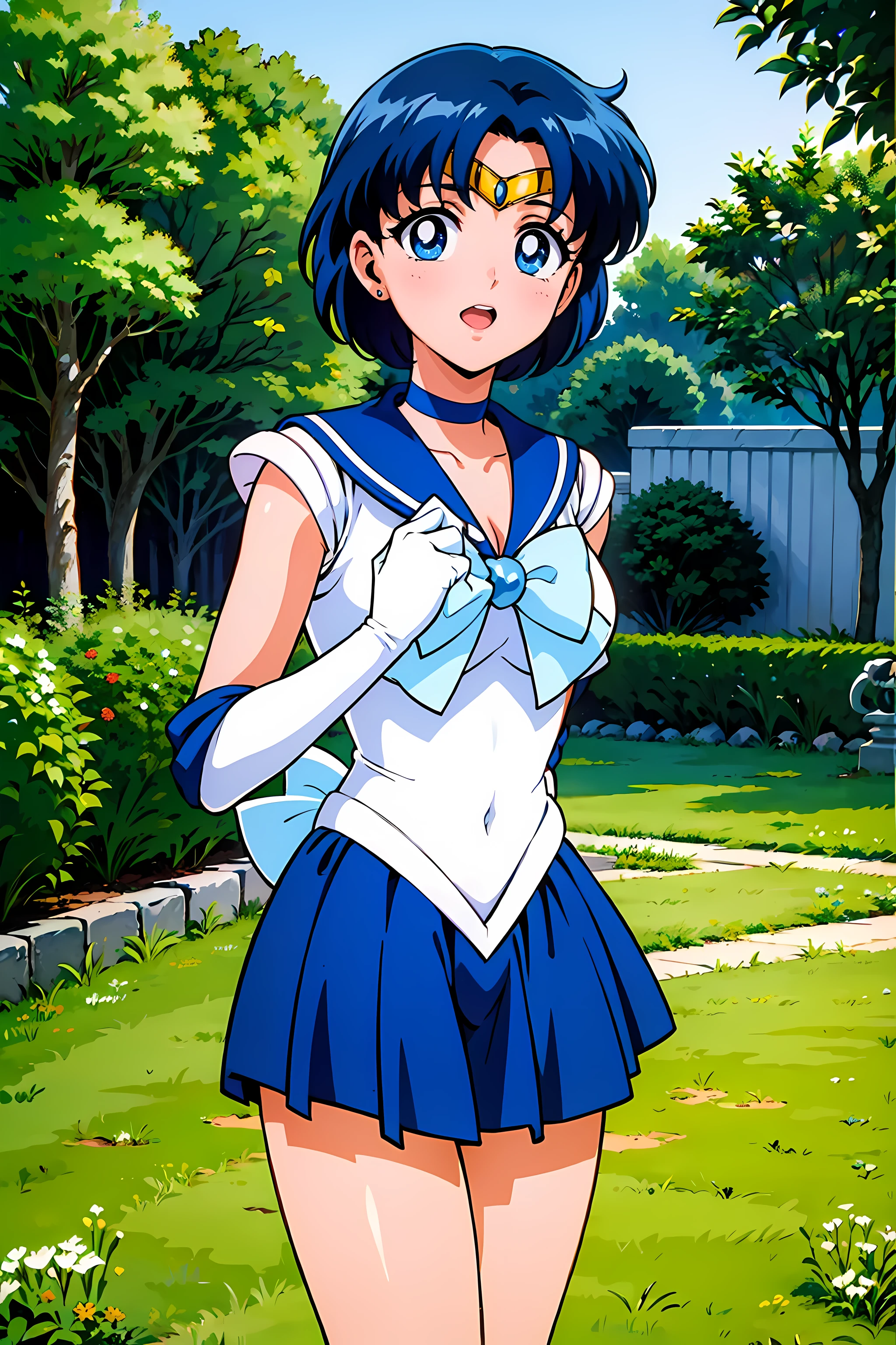 (highest quality:1.3),(ultra-Familiar:1.5),High resolution,extremely Familiar CG,unity 8k wallpaper,Official Art,Familiar,super Familiar skin,Perfect Anatomy,beautiful Familiar eyes,(Anime screenshots:1.11),Very delicate and beautiful,(90s Anime,90s Anime style,cell shaded anime:1.17),1 girl,alone,anmnr,
(mer1,1:1.52)), tiara, Sailor senshi Uniforms, Blue sailor collar, bow, Knee Boots, choker, White gloves, blue choker, elbow gloves, jewelry, Earrings, Blue Skirt,
((garden :1.2)),At dusk, ((Recommended for scenes with strong dark shadows:1.2)), Golden Flower ,Beautiful magic style, intense, Concept Art, Digital Painting,
blush, Open your mouth,Wind lift, Sexy pose, Outdoor,