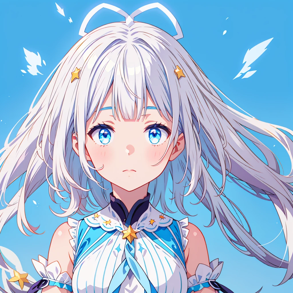 Star Fairy、glow hair 、Vtuber half、Bangs shorter than eyebrows Aster Piece、highest quality、Best illustration、Super fine、Upper Body、solo、1 girl、looking at the camera、upright、Arms at your sides、Beautiful delicate eyes、Concept Art、More frontal、White background、Simple Background、Droopy and large eyes、Ultra-fine mesh、Sparkling Eye Silky White and Blue Gradient Long Hair、Short sleeve、Watercolor pencil、Kind Face、Virtual YouTuber、