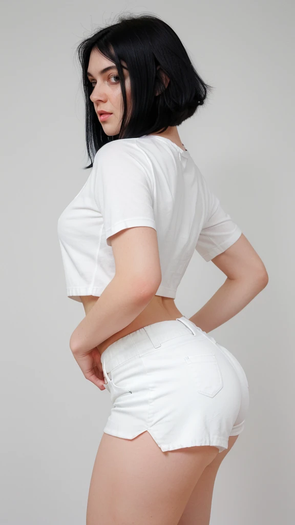 Make a sexy woman with medium breasts and big ass with straight black hair in white medium shorts