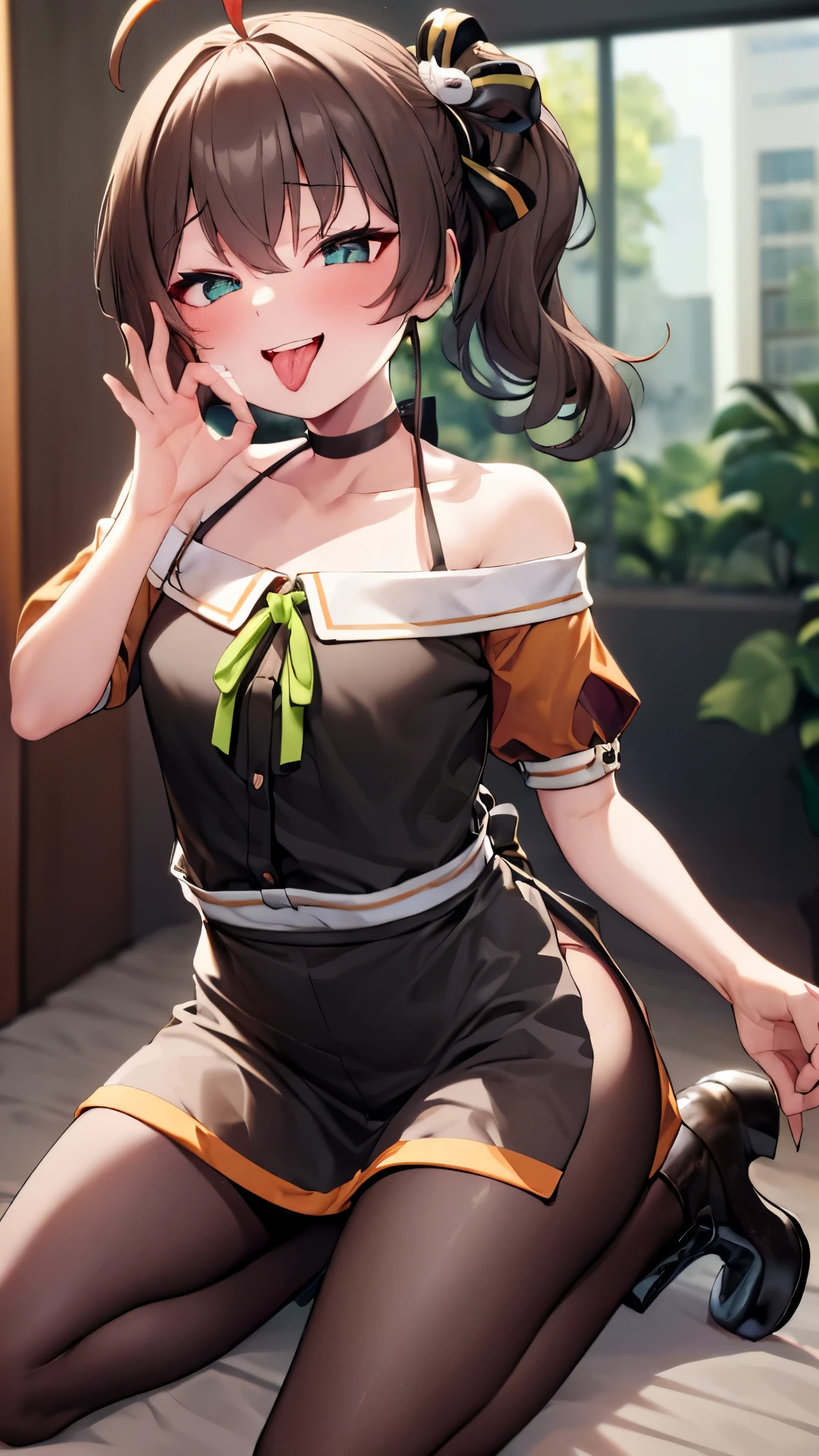  ((((Open your mouth))))、masterpiece,highest quality,High resolution,Very detailed,bb Festival,meだium hair,skinny,Ahoge,Brown Hair,(((((  Captivating smile ))))),skinny,Hair between the eyes,bangs,Hair Ribbon,Black Choker,Earrings,Black Ribbon,plaiだ shirt,Grey Shirt,shoulだer cutout,Short sleeve,See-through sleeves,Black Skirt,High Waist Skirt,Race,(((( Perfect Fingers )))) ,  shoes下,(black shoes下:1.4),Race trim,shoes,Black footwear,indoor,(Cafe:1.2),((Blowjob Gestures:1.5))、Open your mouth ,Sitting,Chair,Heavy breathing ,Hand in front of your mouth,Hand in front of mouth,