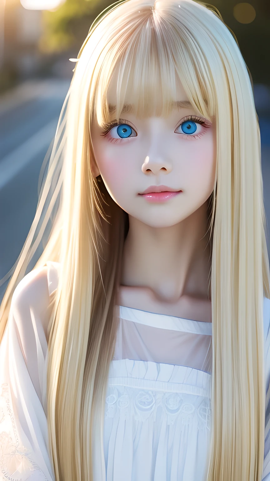 highest quality、Ultra-high resolution、(Photorealistic:1.4)、(ulzzang-6500:1.0)、Blonde super long straight silky hair、Very beautiful bright and shining pale sky blue big eyes、bangs over eyes、