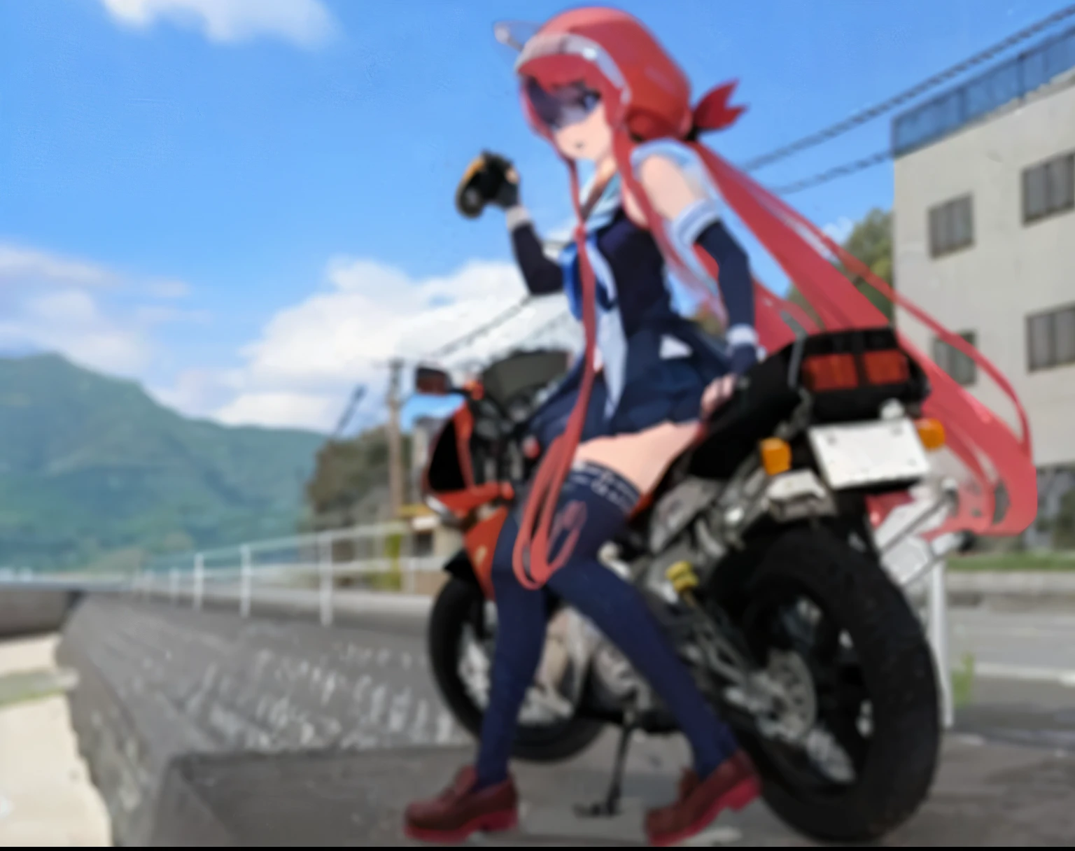 ((masterpiece,highest quality, High resolution)), 1 girl, alone,Delivery Bikeにまたがっている,high school girl,Super Cub,Delivery Bike,Honda,From the back,Looking back,Sailor suit,Pleated skirt,Jet helmet,Keeping my feet on the ground,Country Road,Black Hair,Brown eyes,Young Face,Navy blue socks,Brown Loafers