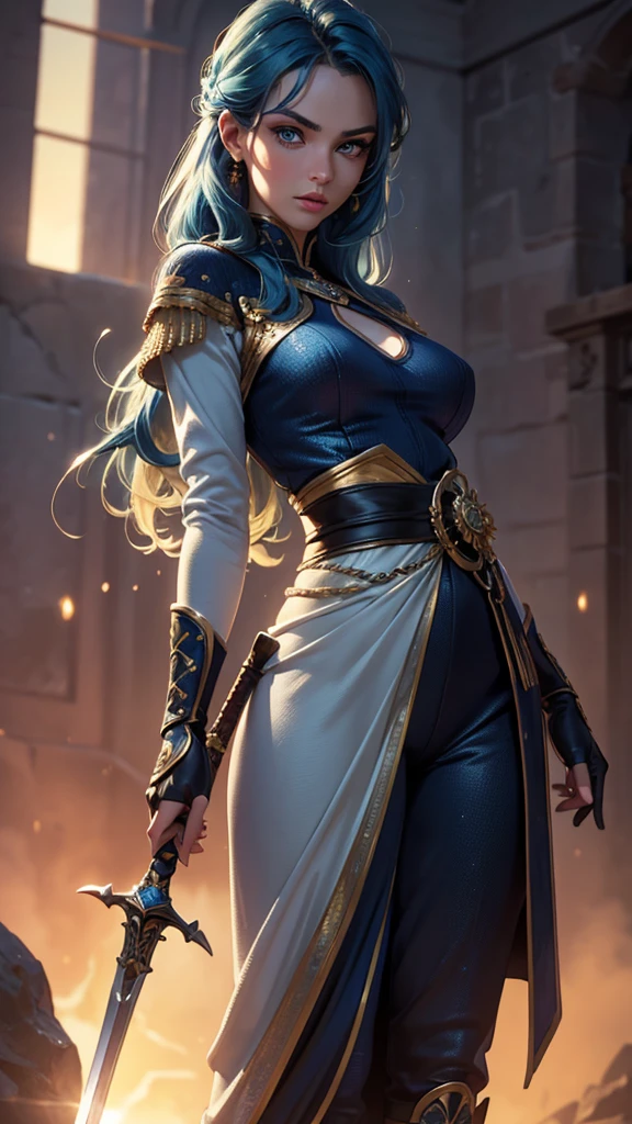 (best quality,4k,8k,highres,masterpiece:1.2),ultra-detailed,(realistic,photorealistic,photo-realistic:1.37),knitted clothes,1_solo girl,blue hair,gold eyes,swordman,beautiful detailed eyes,beautiful detailed lips,long eyelashes,brave expression,standing tall,powerful pose,sparkling sword,gorgeous sunset background,vibrant colors,dramatic lighting, from below