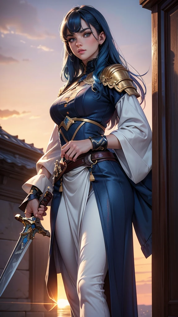 (best quality,4k,8k,highres,masterpiece:1.2),ultra-detailed,(realistic,photorealistic,photo-realistic:1.37),knitted clothes,1_solo girl,blue hair,gold eyes,swordman,beautiful detailed eyes,beautiful detailed lips,long eyelashes,brave expression,standing tall,powerful pose,sparkling sword,gorgeous sunset background,vibrant colors,dramatic lighting, from below 