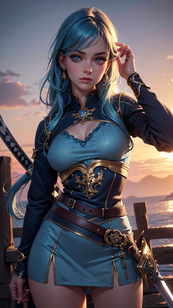 (best quality,4k,8k,highres,masterpiece:1.2),ultra-detailed,(realistic,photorealistic,photo-realistic:1.37),knitted clothes,1_solo girl,blue hair,gold eyes,swordman,beautiful detailed eyes,beautiful detailed lips,long eyelashes,brave expression,standing tall,powerful pose,sparkling sword,gorgeous sunset background,vibrant colors,dramatic lighting, from below