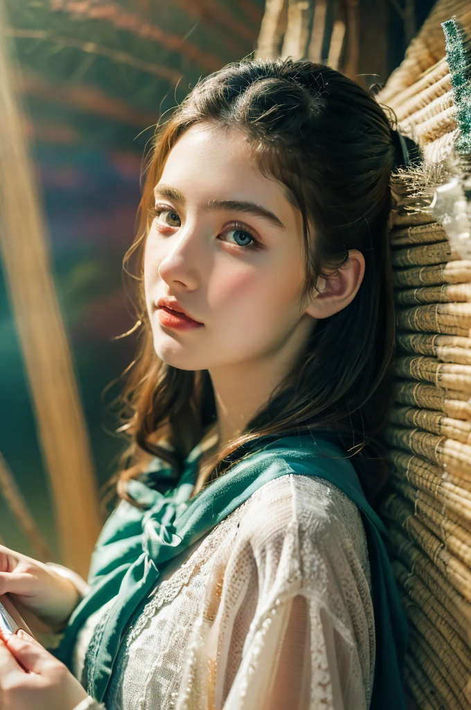 ( masterpiece, top quality, best quality,8k,17 years old girl,ultra detailed,raw photo:1.5),(photorealistic:1.4), (cinematic lighting), PerfectNwsjMajic, , Surrealism, UHD, ccurate, Super detail, textured skin, High detail, Best quality, dynamic angle, White skin,[Beautiful blue eyes], high nose,[flat chest:large breasts:0.5],(1girl),((good anatomy:0.5)), Dreamy atmosphere,expressive brush strokes, mystical ambiance, Artistic interpretation, Stunning Studio Ghibli style costumes, a whimsical illustration, Subtle colors and tones, mystical aura,