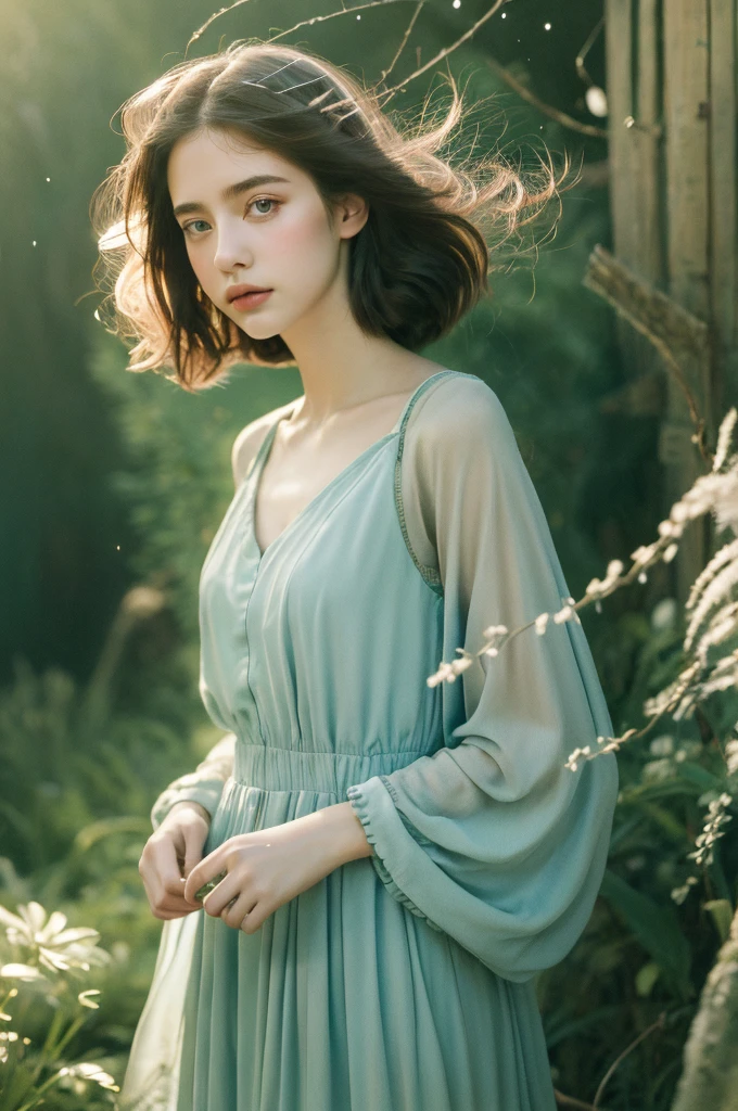 ( masterpiece, top quality, best quality,8k, girl,ultra detailed,raw photo:1.5),(photorealistic:1.4), (cinematic lighting), PerfectNwsjMajic, , Surrealism, UHD, ccurate, Super detail, textured skin, High detail, Best quality, dynamic angle, White skin,[Beautiful blue eyes], high nose,[flat chest:large breasts:0.5],(1girl),((good anatomy:0.5)), Dreamy atmosphere,expressive brush strokes, mystical ambiance, Artistic interpretation, Stunning Studio Ghibli style costumes, a whimsical illustration, Subtle colors and tones, mystical aura,