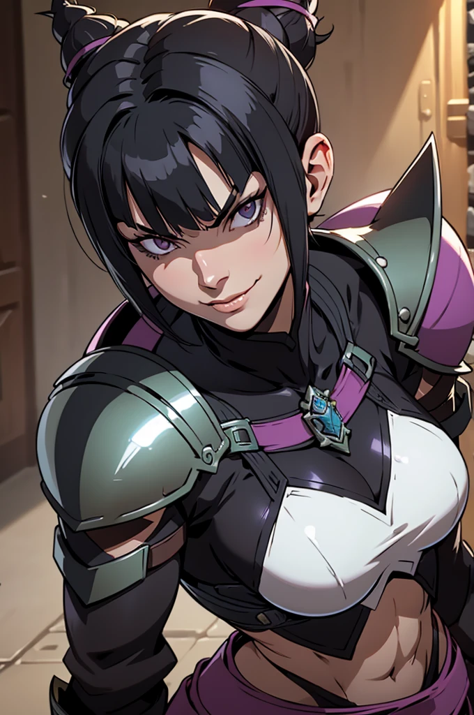 mulher jovem,short black hair , badass , full ancient armor,coxas torneadas,Evil Smile,juri han,chifres de cabelo