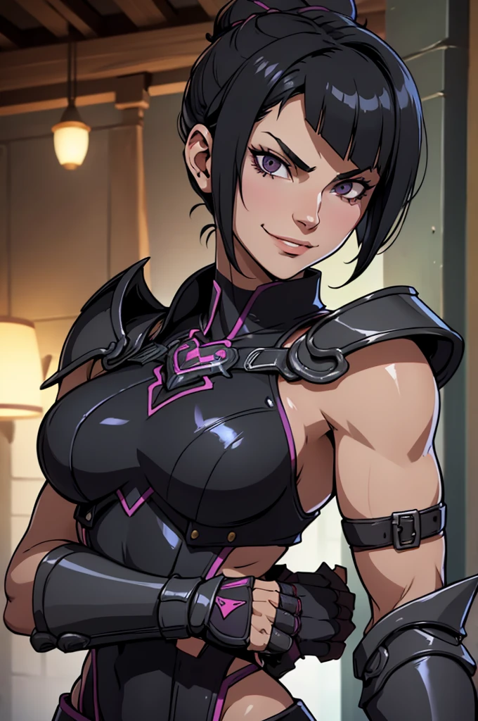 mulher jovem,short black hair , badass , full ancient armor,coxas torneadas,Evil Smile,juri han,chifres de cabelo
