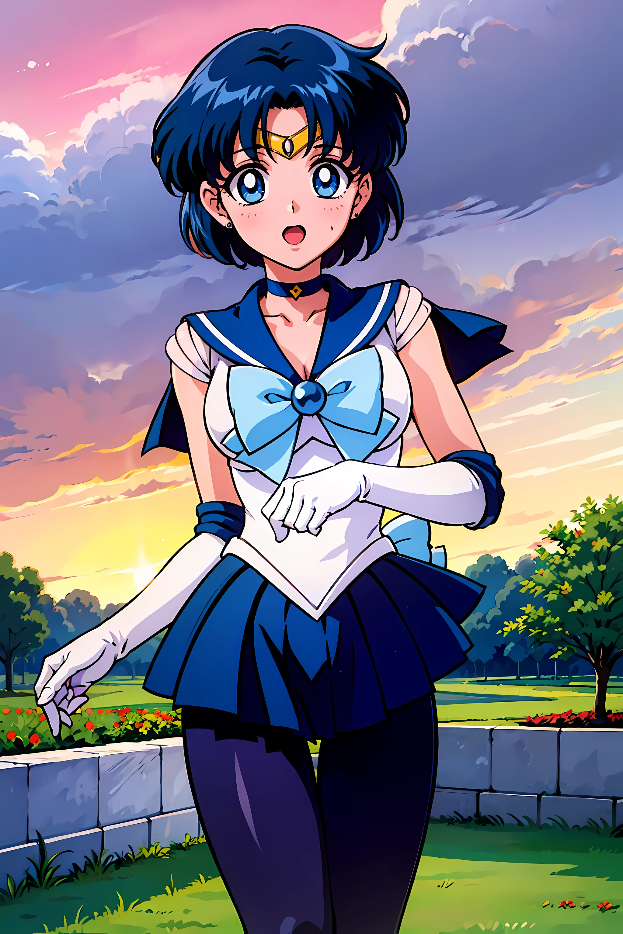 (highest quality:1.3),(ultra-Familiar:1.5),High resolution,extremely Familiar CG,unity 8k wallpaper,Official Art,Familiar,super Familiar skin,Perfect Anatomy,beautiful Familiar eyes,(Anime screenshots:1.11),Very delicate and beautiful,(90s Anime,90s Anime style,cell shaded anime:1.17),1 girl,alone,anmnr,
(mer1,1:1.52)), tiara, Sailor senshi Uniforms, Blue sailor collar, bow, Knee Boots, choker, White gloves, blue choker, elbow gloves, jewelry, Earrings, Blue Skirt,
((garden :1.2)),At dusk, ((Recommended for scenes with strong dark shadows:1.2)), Golden Flower ,Beautiful magic style, intense, Concept Art, Digital Painting,
blush, Open your mouth,Wind lift, Sexy pose, Outdoor,