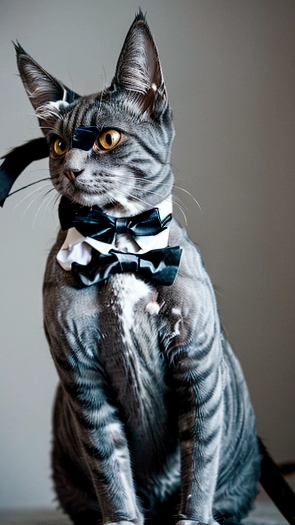 Fashionable and dignified, grey cat wearing a black bow tie