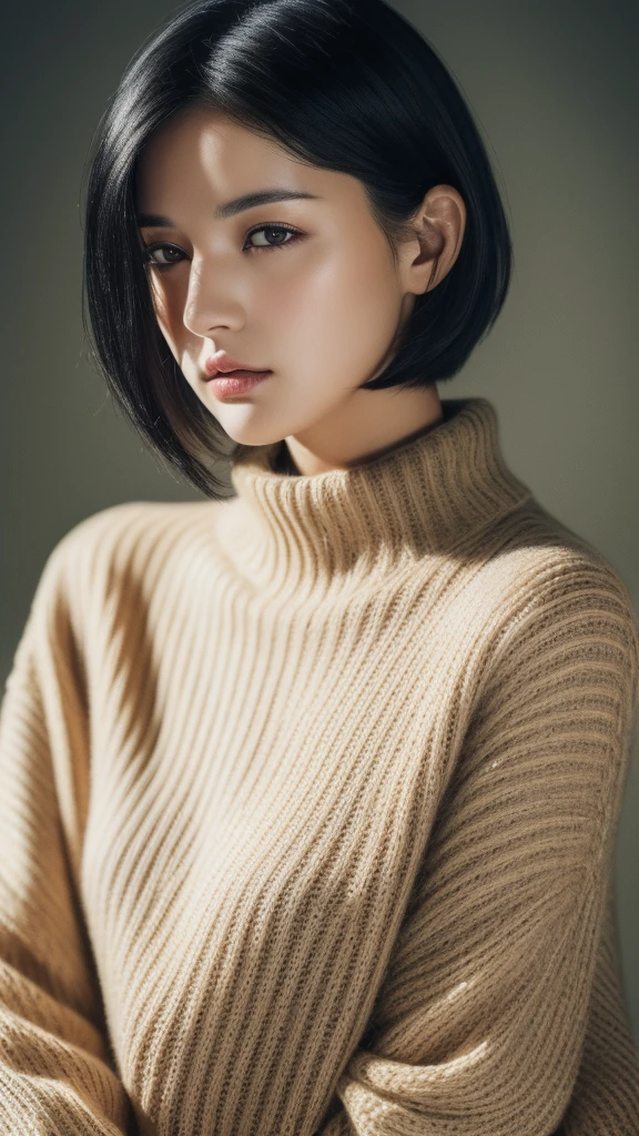 (masterpiece:1.3), (8k, photorealistic, RAW photo, best quality: 1.4), (1girl), beautiful face, (realistic face), (black hair, short hair:1.3), beautiful hairstyle, realistic eyes, beautiful detailed eyes, (realistic skin), beautiful skin, (sweater), absurdres, attractive, ultra high res, ultra realistic, highly detailed, golden ratio
