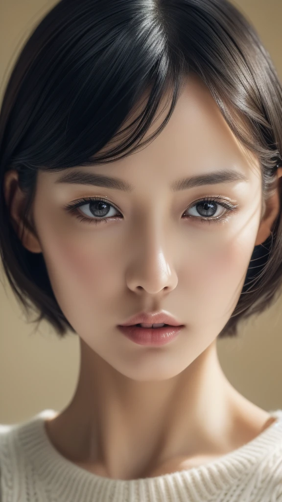 (masterpiece:1.3), (8k, photorealistic, RAW photo, best quality: 1.4), (1girl), beautiful face, (realistic face), (black hair, short hair:1.3), beautiful hairstyle, realistic eyes, beautiful detailed eyes, (realistic skin), beautiful skin, (sweater), absurdres, attractive, ultra high res, ultra realistic, highly detailed, golden ratio