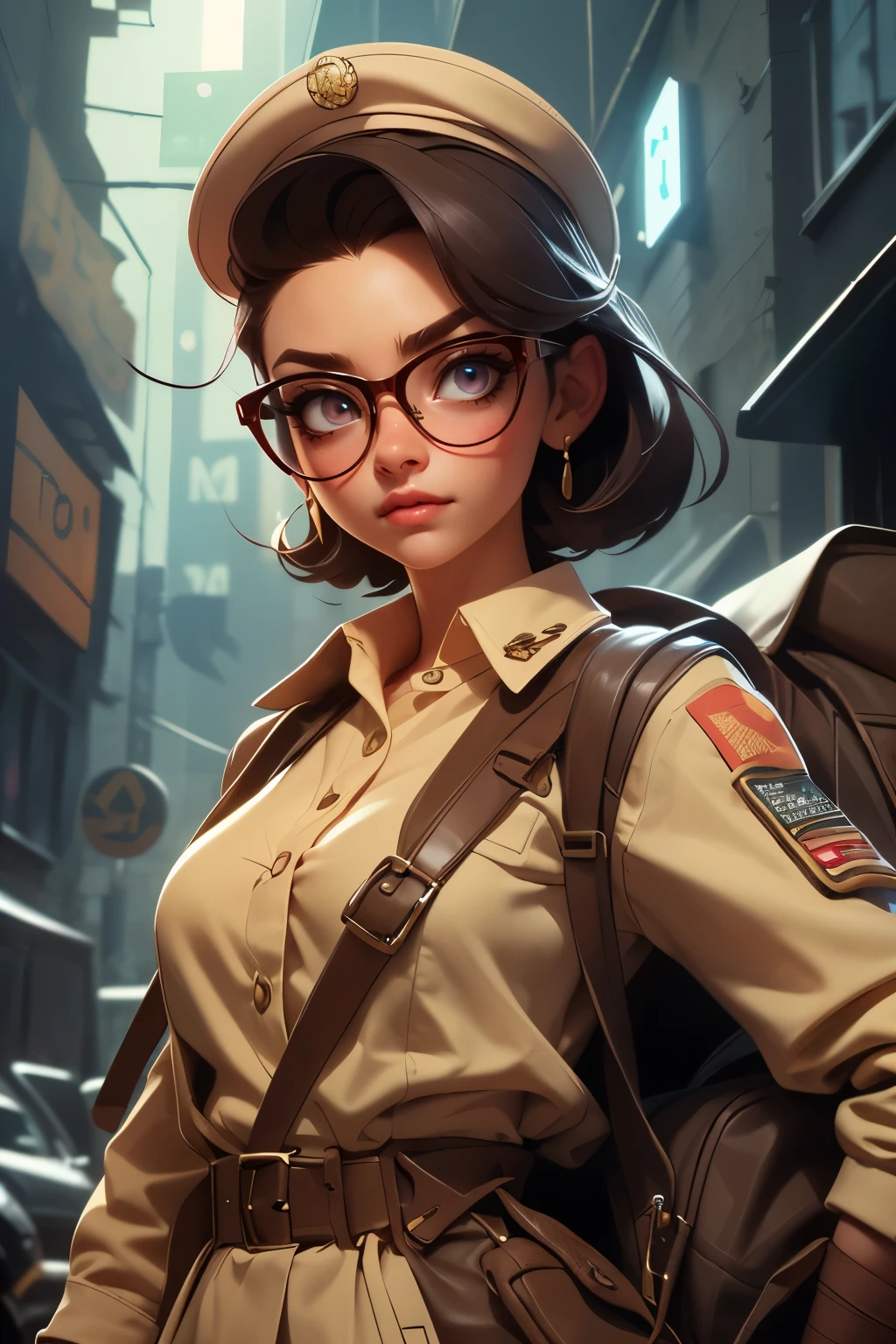 a pretty girl messenger, wearing large glasses, undercut hair, wearing postal uniform, in a post-apocalyptic world