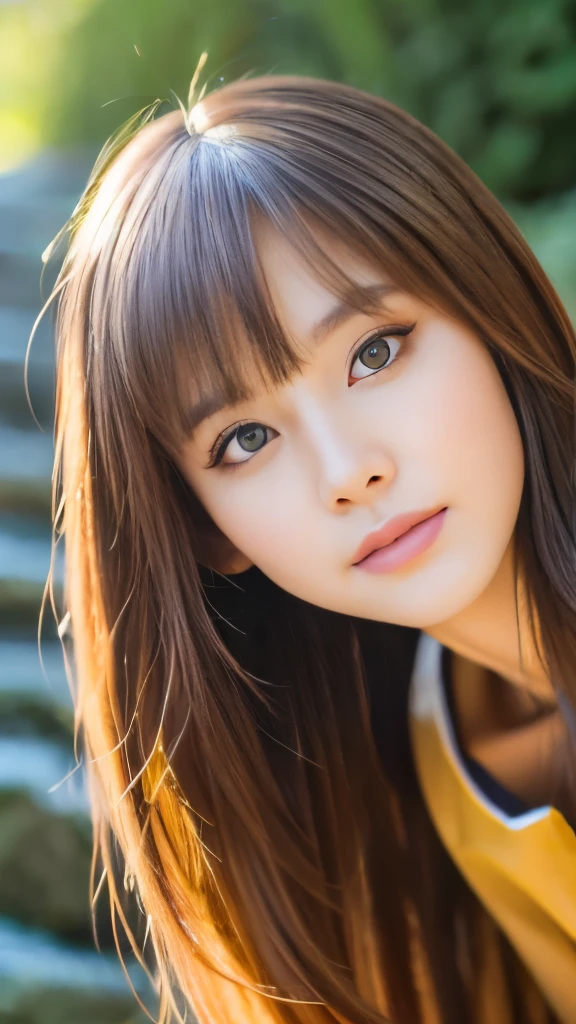 Best quality, 8k, ,Masterpiece :1.3)), facing viewer,((full body1.2)) ,pretty woman, wide shot ,1girl, , selfie , , Waterfall, brown hair , bangs,ultra-detailed face, highly detailed lips, detailed eyes, double eyelid