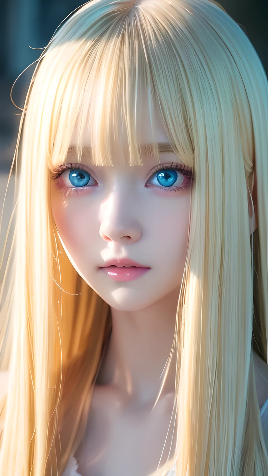 highest quality、Ultra-high resolution、(Photorealistic:1.4)、(ulzzang-6500:1.0)、Blonde super long straight silky hair、Very beautiful bright and shining pale sky blue big eyes、bangs over eyes、