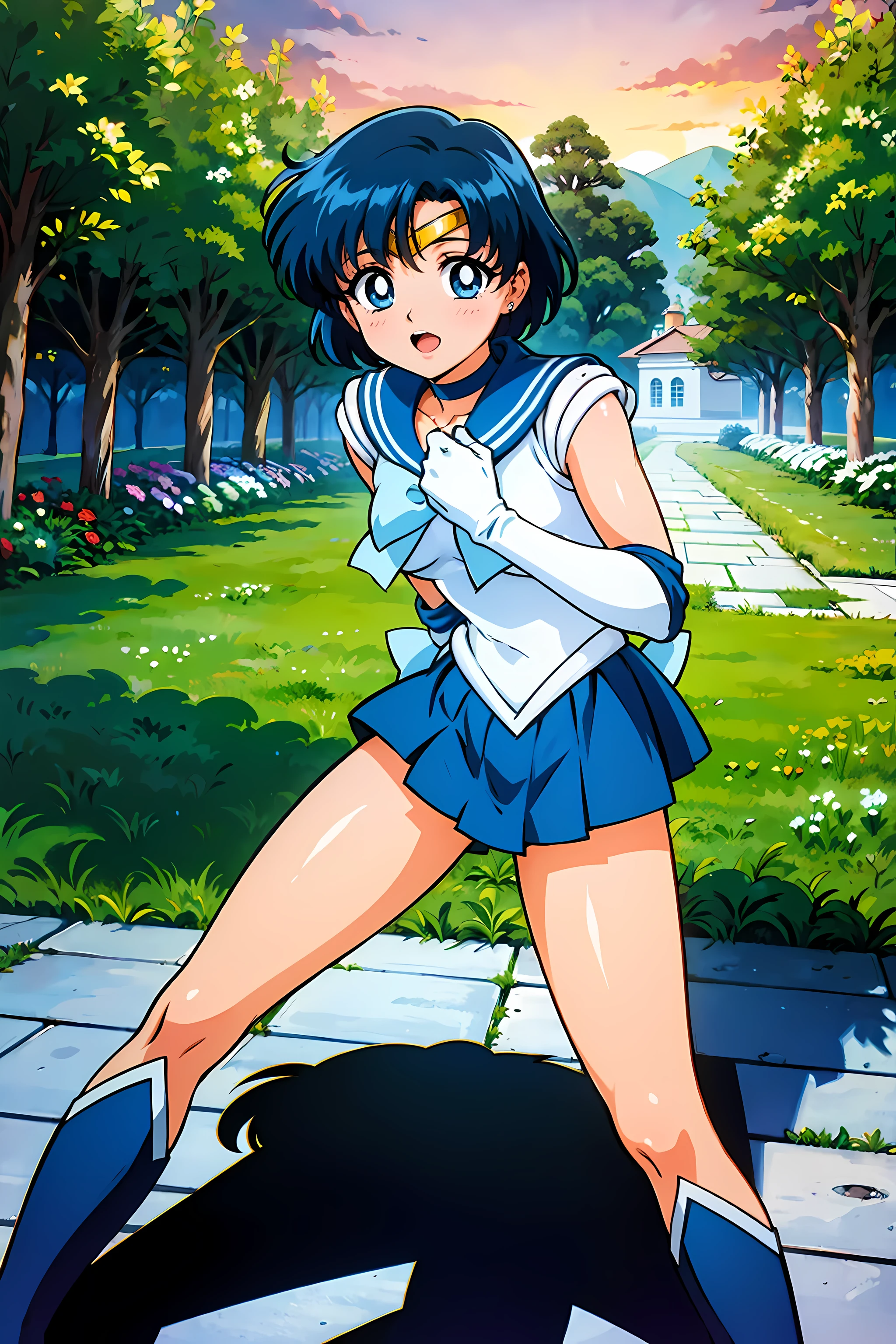 (highest quality:1.3),(ultra-Familiar:1.5),High resolution,extremely Familiar CG,unity 8k wallpaper,Official Art,Familiar,super Familiar skin,Perfect Anatomy,beautiful Familiar eyes,(Anime screenshots:1.11),Very delicate and beautiful,(90s Anime,90s Anime style,cell shaded anime:1.17),1 girl,alone,anmnr,
(mer1,1:1.52)), tiara, Sailor senshi Uniforms, Blue sailor collar, bow, Knee Boots, choker, White gloves, blue choker, elbow gloves, jewelry, Earrings, Blue Skirt,
((garden :1.2)),At dusk, ((Recommended for scenes with strong dark shadows:1.2)), Golden Flower ,Beautiful magic style, intense, Concept Art, Digital Painting,
blush, Open your mouth,Wind lift, Sexy pose, Outdoor,