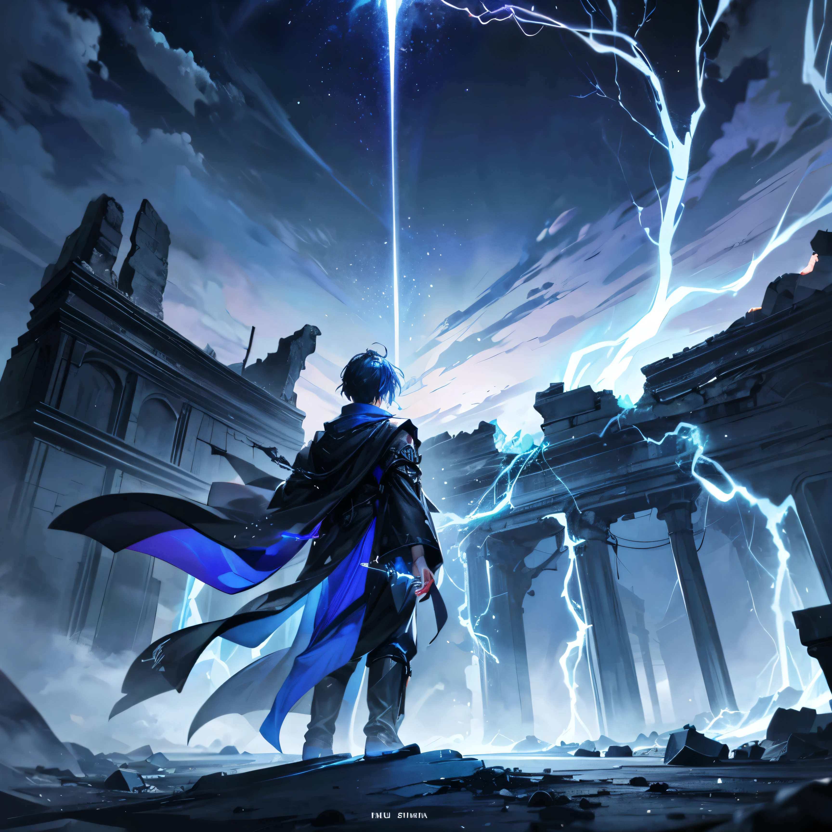 Boys,Back,Powerful aura,There is a blue arc flashing on the body,Back,Wearing black robe,Standing on the ruins,The person stands in the middle of the picture,Relatively far,Demonstrates strong control over lightning,Can't see the face,Only Back,Do not look back,looking up and forward,The aura of thunder and lightning emanates from the body