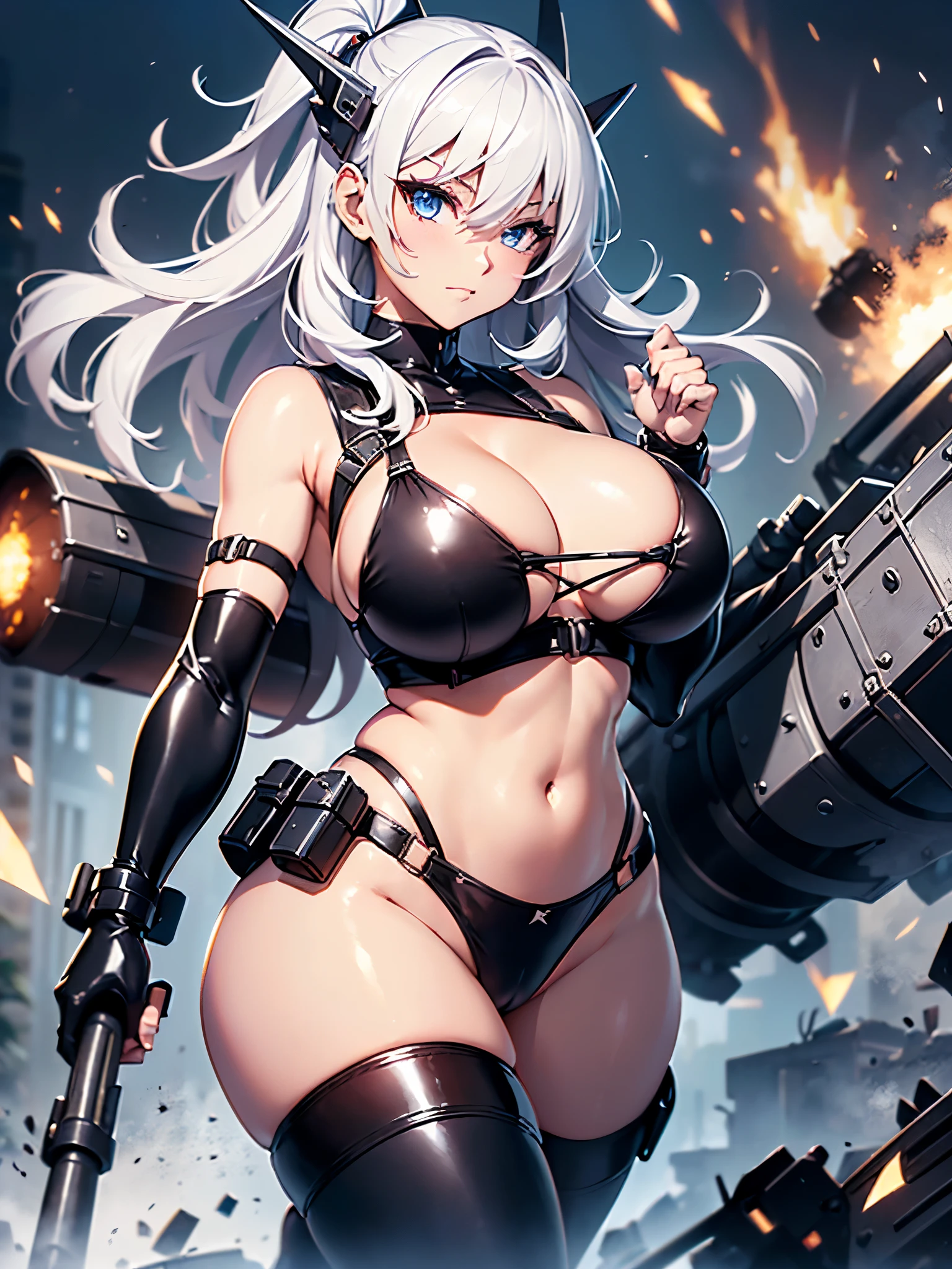 ((1 lady))、ultra-detailliert, Top image quality, digitial illustration, Seductive Anime Girl, Glossy realistic skin texture、Meticulously drawn hair, Meticulously drawn eye, Sharp Focus, Precise human body structure、Smooth texture、((Combative posing:1.5)), ((fighting stance))、((Holding a big Heavy artillery:1.4, armament:1.3))、((bazooka and gatling gun and rocket launcher))、((dynamism:1.3))、((dynamic angle:1.2))、((Hover effect:1.4)), ((Being in battle field:1.2))、seductive smile、((latex micro bikini:1.3 crop top:1.3))、((sleeveless))、((cleavage:1.3))、((crop top navel))、((highleg:1.3))、((huge breasts:1.4))、((huge hip:1.3))、((thick thighs))、curvy、((collarbone))、((cameltoe))