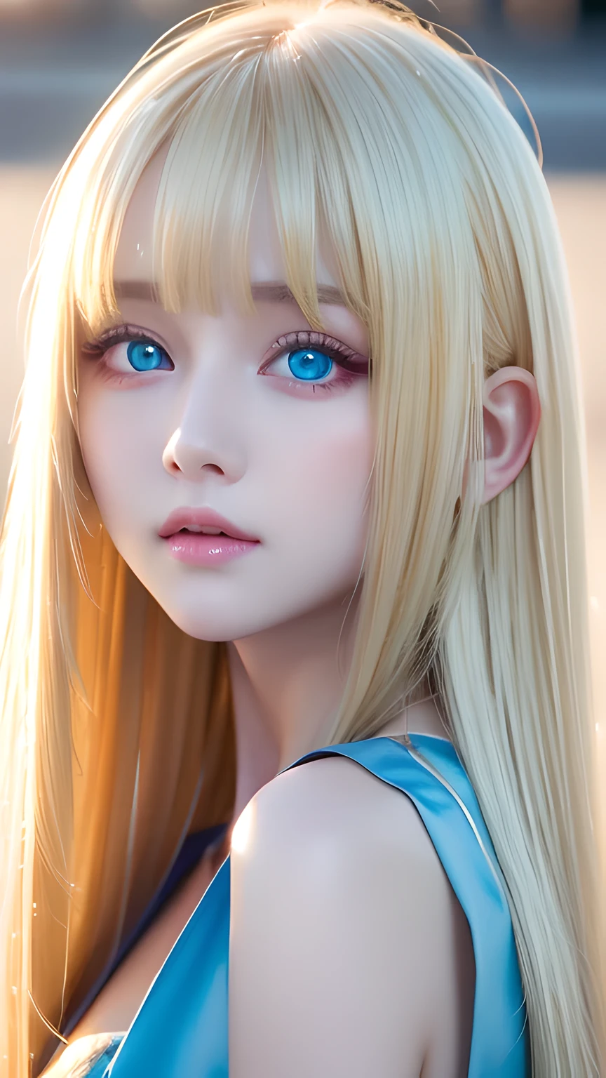 highest quality、Ultra-high resolution、(Photorealistic:1.4)、(ulzzang-6500:1.0)、Blonde super long straight silky hair、Very beautiful bright and shining pale sky blue big eyes、bangs over eyes、