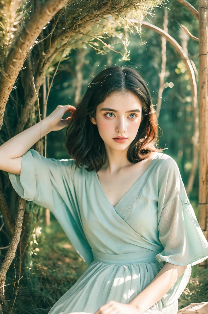 ( masterpiece, top quality, best quality,8k,17 years old girl,ultra detailed,raw photo:1.5),(photorealistic:1.4), (cinematic lighting), PerfectNwsjMajic, , Surrealism, UHD, ccurate, Super detail, textured skin, High detail, Best quality, dynamic angle, White skin,[Beautiful blue eyes], high nose,[flat chest:large breasts:0.5],(1girl),((good anatomy:0.5)), Dreamy atmosphere,expressive brush strokes, mystical ambiance, Artistic interpretation, Stunning Studio Ghibli style costumes, a whimsical illustration, Subtle colors and tones, mystical aura,