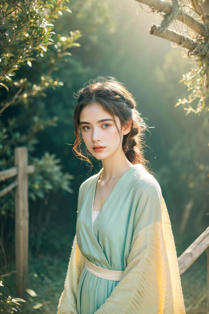( masterpiece, top quality, best quality,8k,17 years old girl,ultra detailed,raw photo:1.5),(photorealistic:1.4), (cinematic lighting), PerfectNwsjMajic, , Surrealism, UHD, ccurate, Super detail, textured skin, High detail, Best quality, dynamic angle, White skin,[Beautiful blue eyes], high nose,[flat chest:large breasts:0.5],(1girl),((good anatomy:0.5)), Dreamy atmosphere,expressive brush strokes, mystical ambiance, Artistic interpretation, Stunning Studio Ghibli style costumes, a whimsical illustration, Subtle colors and tones, mystical aura,