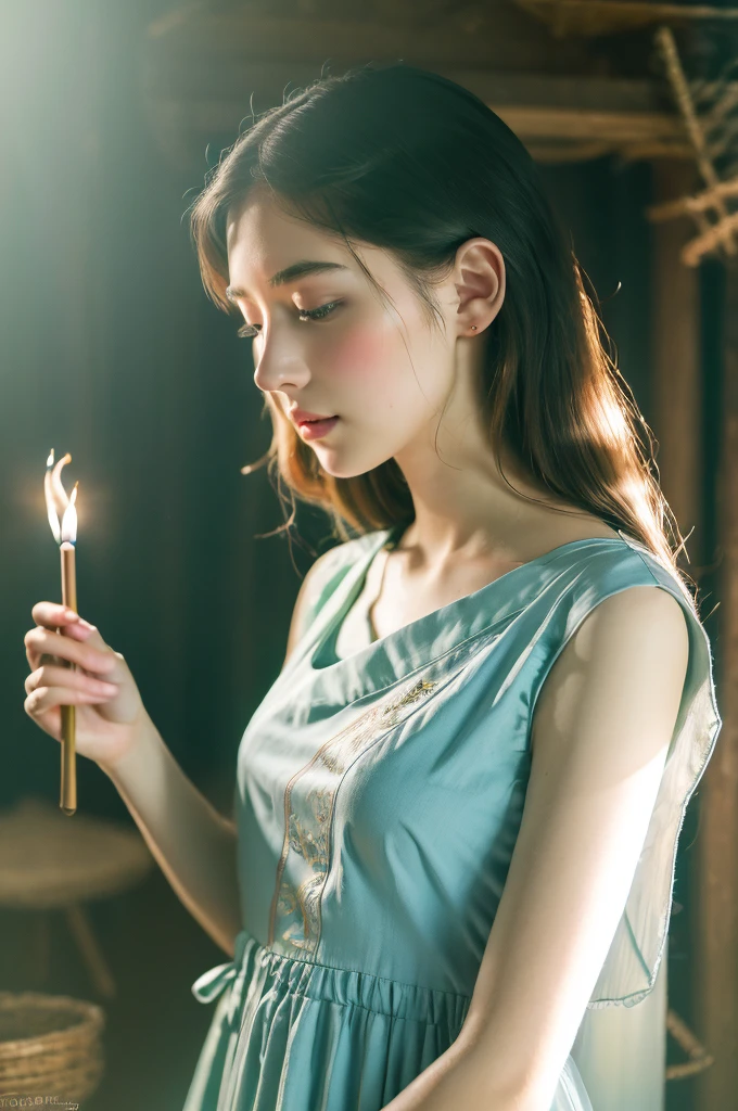 ( masterpiece, top quality, best quality,8k, girl,ultra detailed,raw photo:1.5),(photorealistic:1.4), (cinematic lighting), PerfectNwsjMajic, , Surrealism, UHD, ccurate, Super detail, textured skin, High detail, Best quality, dynamic angle, White skin,[Beautiful blue eyes], high nose,[flat chest:large breasts:0.5],(1girl),((good anatomy:0.5)), Dreamy atmosphere,expressive brush strokes, mystical ambiance, Artistic interpretation, Stunning Studio Ghibli style costumes, a whimsical illustration, Subtle colors and tones, mystical aura,