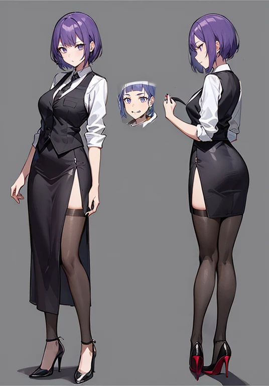 ((Perfect Face)),Purple Hair,Very short hair,1 female,,Black vest,Roll up your sleevesＹshirt,tie,slit,High heels,,((Simple Background)),smile,((Full Body)),((full body)),