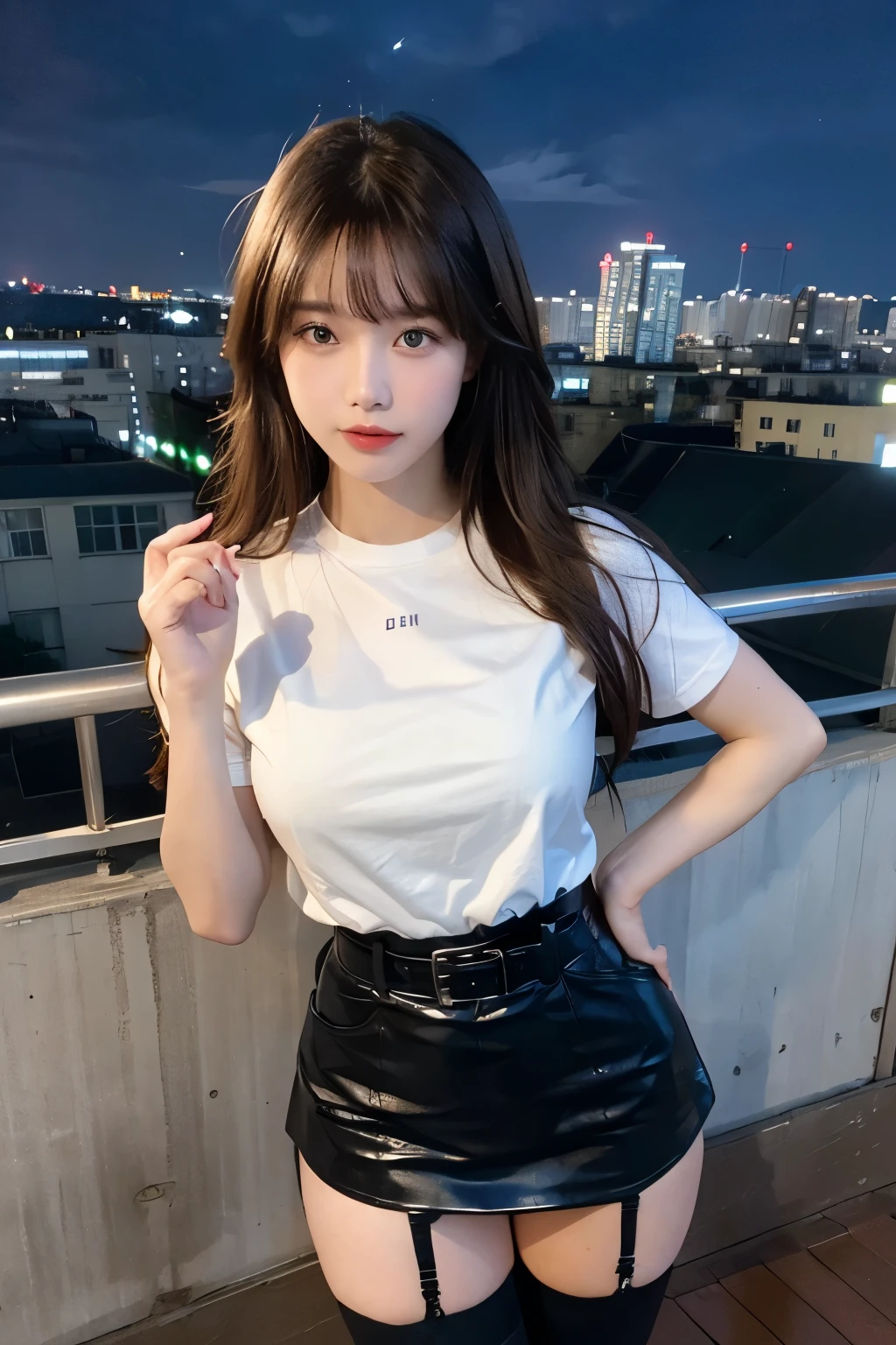 ((Midnight, highest quality, 8k, masterpiece :1.3)), whole body, Long legs, Sharp focus :1.2, Beautiful woman with perfect figure :1.4, Slim Abs :1.1, ((Dark brown hair, Big Breasts :1.2)), (White tight T-shirt, Jean Bib, Are standing:1.2), ((Night city view, rooftop:1.3)), Very detailedな顔と肌の質感, Fine grain, Double eyelids one girl,highest quality,masterpiece,figure,Very delicate and beautiful,CG,Unity,8k wallpaper,wonderful,In detail,masterpiece,Official Art,Very detailed CG Unity 8k wallpaper,Incredibly absurd,Large file size,Very detailedな,High resolution,Very detailed,Beautiful detailed girl,Realistic,from the front,Outdoor, suspenders Large swollen breasts Black mini skirt garter belt Knee-high socks bangs Beauty Hands up Black boots one person Dress shirt Hands Behind Back put your hands behind your back With your hands behind your back Armament holster A room at the Belt Hotel Bed Wall side