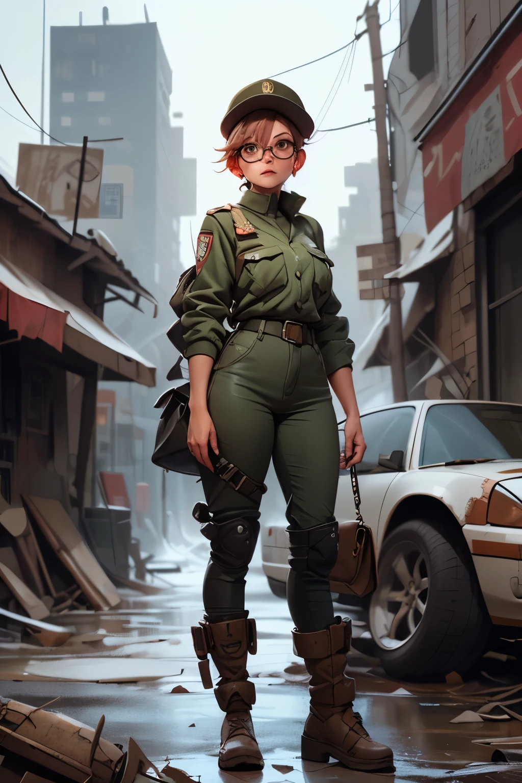 a pretty girl messenger, wearing large glasses, undercut hair, wearing postal uniform, in a post-apocalyptic world