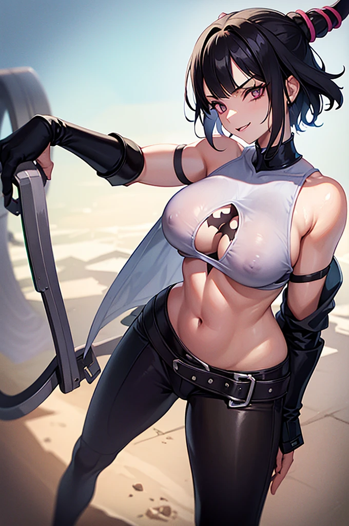 mulher jovem,short black hair , badass , full ancient armor,coxas torneadas,Evil Smile,juri han,chifres de cabelo
