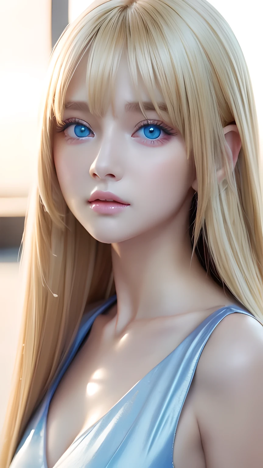 highest quality、Ultra-high resolution、(Photorealistic:1.4)、(ulzzang-6500:1.0)、Blonde super long straight silky hair、Very beautiful bright and shining pale sky blue big eyes、bangs over eyes、