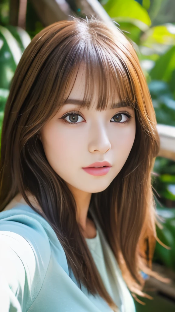 Best quality, 8k, ,Masterpiece :1.3)), facing viewer,((full body1.2)) ,pretty woman, wide shot ,1girl, , selfie , , Waterfall, brown hair , bangs,ultra-detailed face, highly detailed lips, detailed eyes, double eyelid