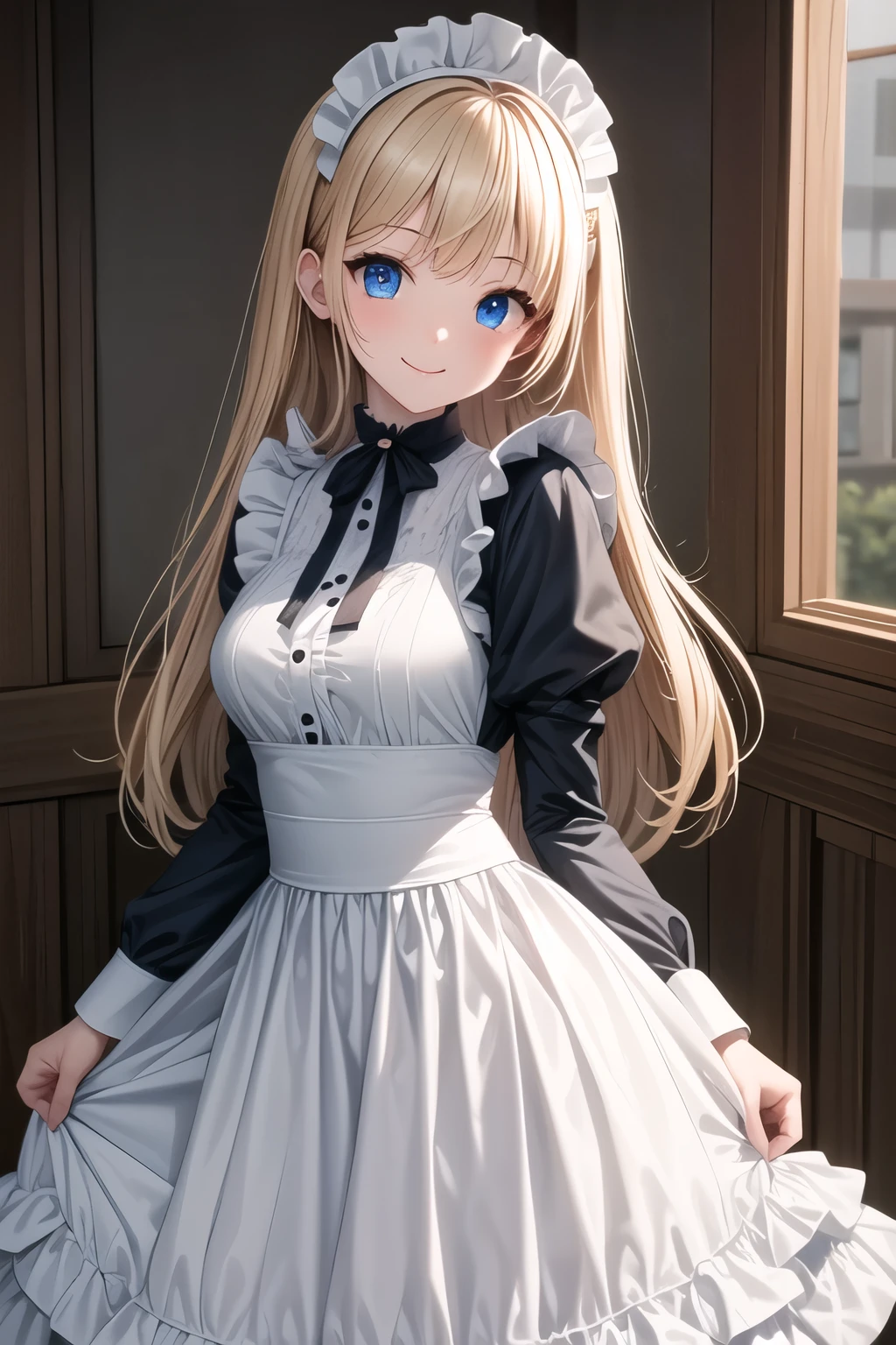 solo girl, standing,20 years old,blonde hair,long hair, blue eyes, small breast, smile,maid,long sleeves,long skirt,western style house, insanely detailed, absurdres, ultra-highres, ultra-detailed, best quality, slender, kawaii, perfect symmetrical face, ultra cute girl, ultra cute face, ultra detailed eyes, ultra detailed hair, ultra cute, ultra beautiful,