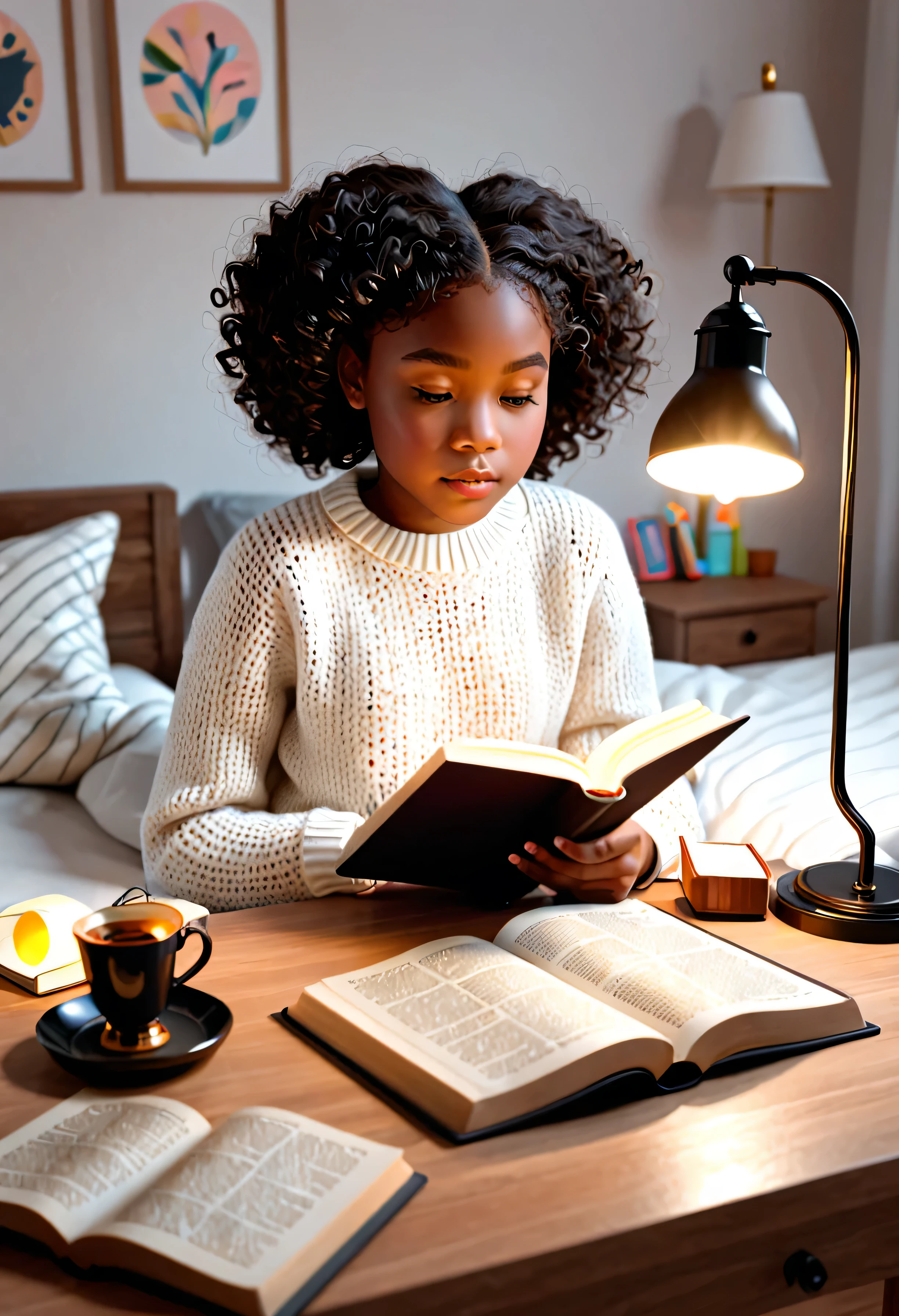3d illustration of A young girl, black oily skin, 8y.o, African American, oily skin, in a soft white knitted sweater in her bedroom, reading a bible at her desk, other book on the desk, and a desk lamp, bed in the background