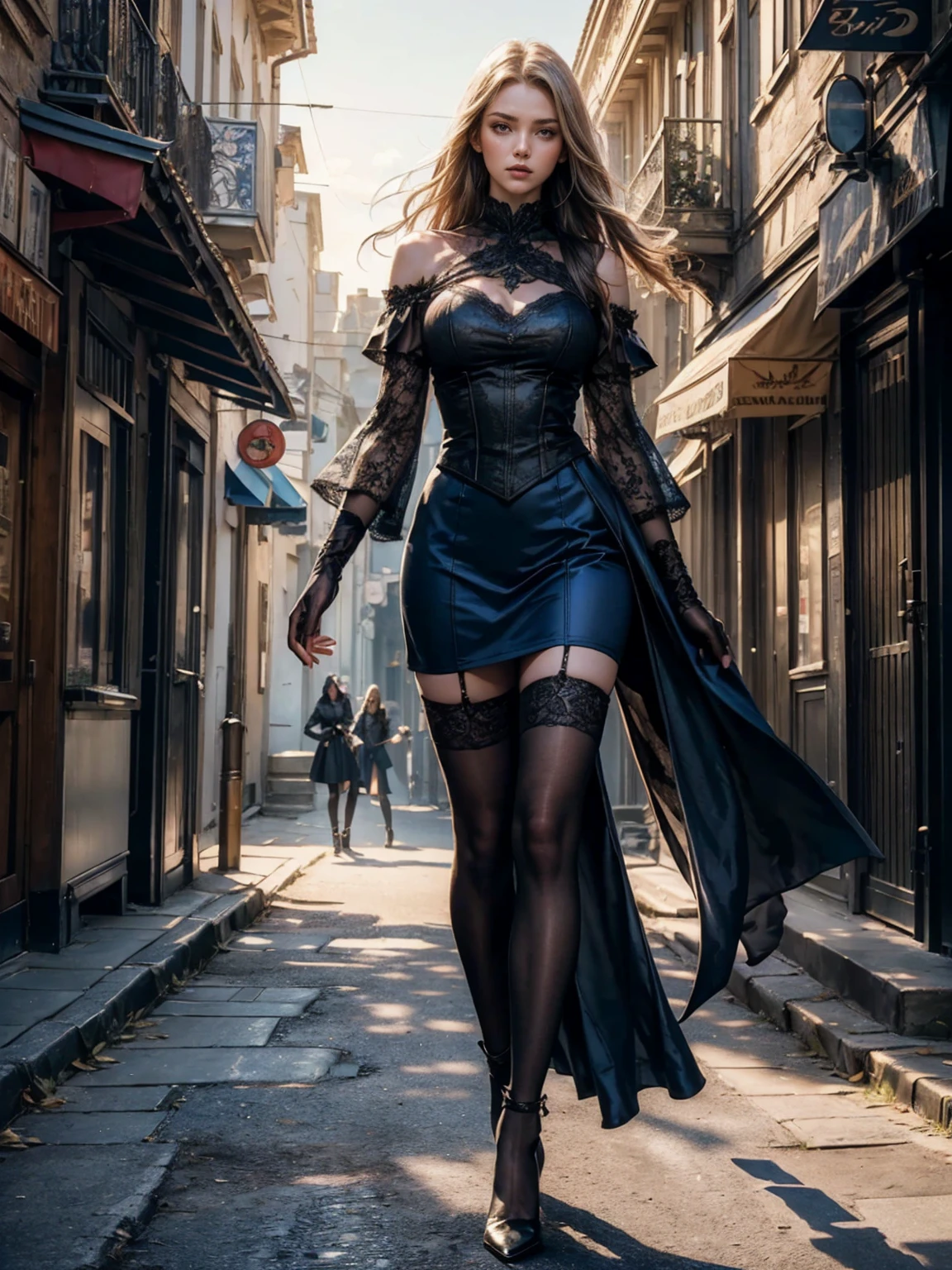 ((show full body from head to toe, standing, body facing to the viewer (show front body)). Tall body, fit body, slender body, pale skin. A female wizard wearing blue clothes, long sleeves(lace sleeves), skirts, cloak, gloves, stockings, show heels. long hair. Masterpiece:1.5, illustration:1.1, best quality:1.5, fine detail, 4k, HDR, natural lighting, bright lighting, sunlight, sharp focus, smooth detail, HDR. Outdoor at a town