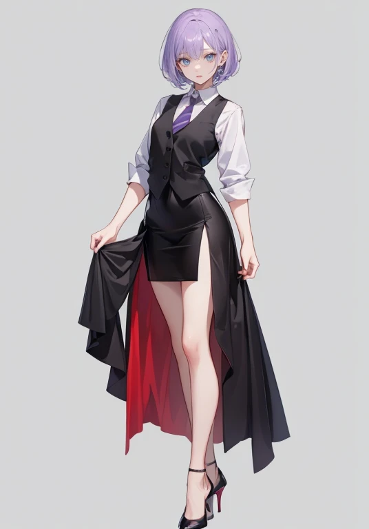 ((Perfect Face)),Purple Hair,Very short hair,1 female,,Black vest,Roll up your sleevesＹshirt,tie,slit,High heels,,((Simple Background)),smile,((Full Body)),((full body)),