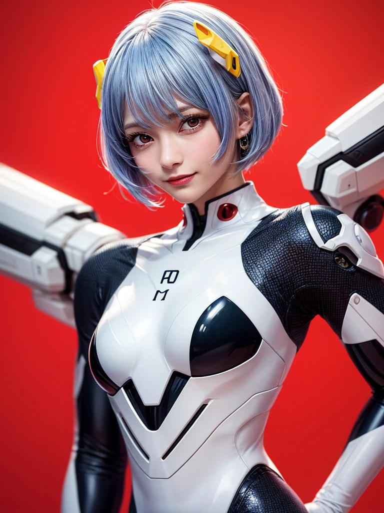 Masterpiece, highest quality, 8K, detailed skin texture, fine cloth texture, beautiful detailed face, intricate details, super detailed, portrait of Rei Ayanami, blue hair, red eyes, looking far away, no background, Evangelion Wearing a plug suit when riding, plug suit, whole body visible, standing, arms crossed, , beautiful, cute, great style, smiling,composition that shows the whole body,
