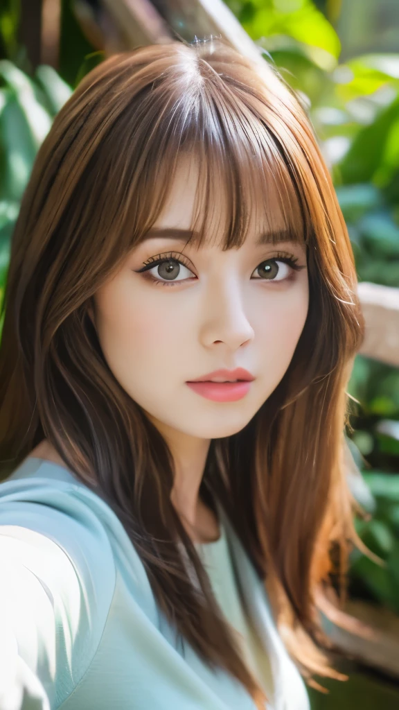 Best quality, 8k, ,Masterpiece :1.3)), facing viewer,((full body1.2)) ,pretty woman, wide shot ,1girl, , selfie , , Waterfall, brown hair , bangs,ultra-detailed face, highly detailed lips, detailed eyes, double eyelid