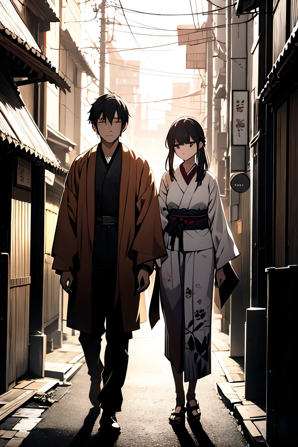 a japonese man in a tradicional outfit with a japonese lady in tradicional outfit