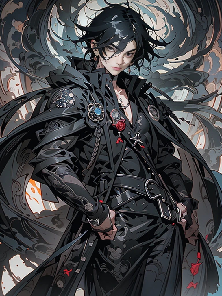 (((1man))) wearing a ((best quality)) leather coat, ((medium black hair)) styled in an emo fashion, and vibrant black eyes that ((look at the viewer)) with intensity. This ((masterpiece)) showcases the ((fantasy aesthetics)) of the ((shadowverse style)) with ((highly detailed)) features. The ((solo)) male focus creates a captivating atmosphere as he stands confidently, his ((closed mouth)) adding a sense of mystery. The image is captured in ((best quality)), allowing for ((medium black hair)) to have a lustrous shine and the vibrant black eyes to mesmerize.