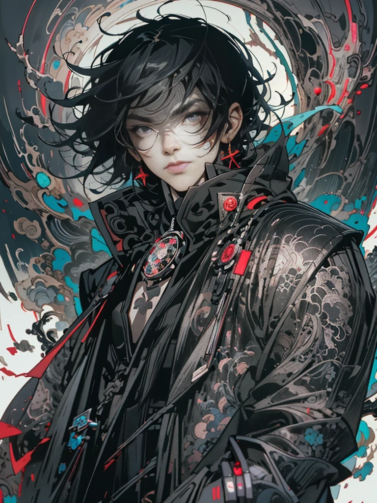 (((1man))) wearing a ((best quality)) leather coat, ((medium black hair)) styled in an emo fashion, and vibrant black eyes that ((look at the viewer)) with intensity. This ((masterpiece)) showcases the ((fantasy aesthetics)) of the ((shadowverse style)) with ((highly detailed)) features. The ((solo)) male focus creates a captivating atmosphere as he stands confidently, his ((closed mouth)) adding a sense of mystery. The image is captured in ((best quality)), allowing for ((medium black hair)) to have a lustrous shine and the vibrant black eyes to mesmerize.