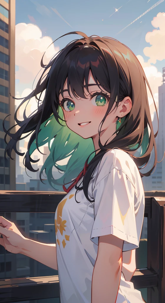 (masterpiece), (highest quality), Ultra-high resolution, Sharp focus, ((1 female, alone)), Upper Body, Photo profile shots, Beautiful detailed hair, ,Bob Short Hair, Chestnut Hair, Long hair flowing down, Beautifully detailed face, ((Beautifully shaped eyes, Green Eyes)), Perfect feminine face, Comfortable face, View Viewer, smile, Open your lips, City in the morning clouds, meteor, Comfortable clothing for cloudy days