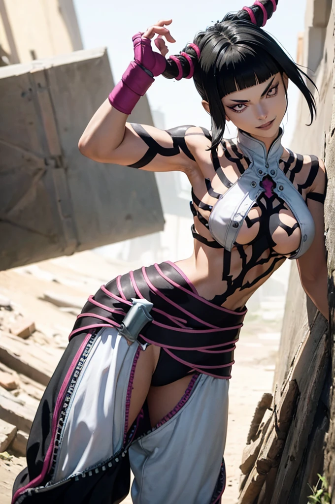 mulher jovem,short black hair , badass , full ancient armor,coxas torneadas,Evil Smile,juri han,chifres de cabelo