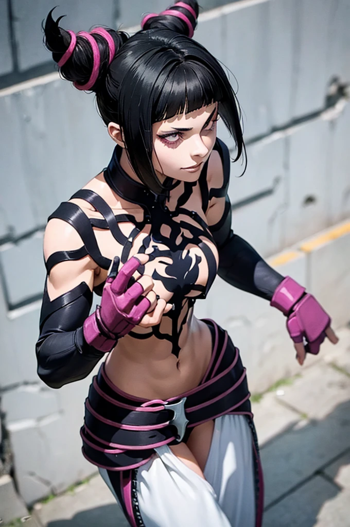 mulher jovem,short black hair , badass , full ancient armor,coxas torneadas,Evil Smile,juri han,chifres de cabelo
